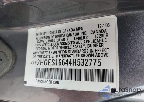 2004 Honda Civic Lx from USA, damaged, VIN 2HGES16644H532775